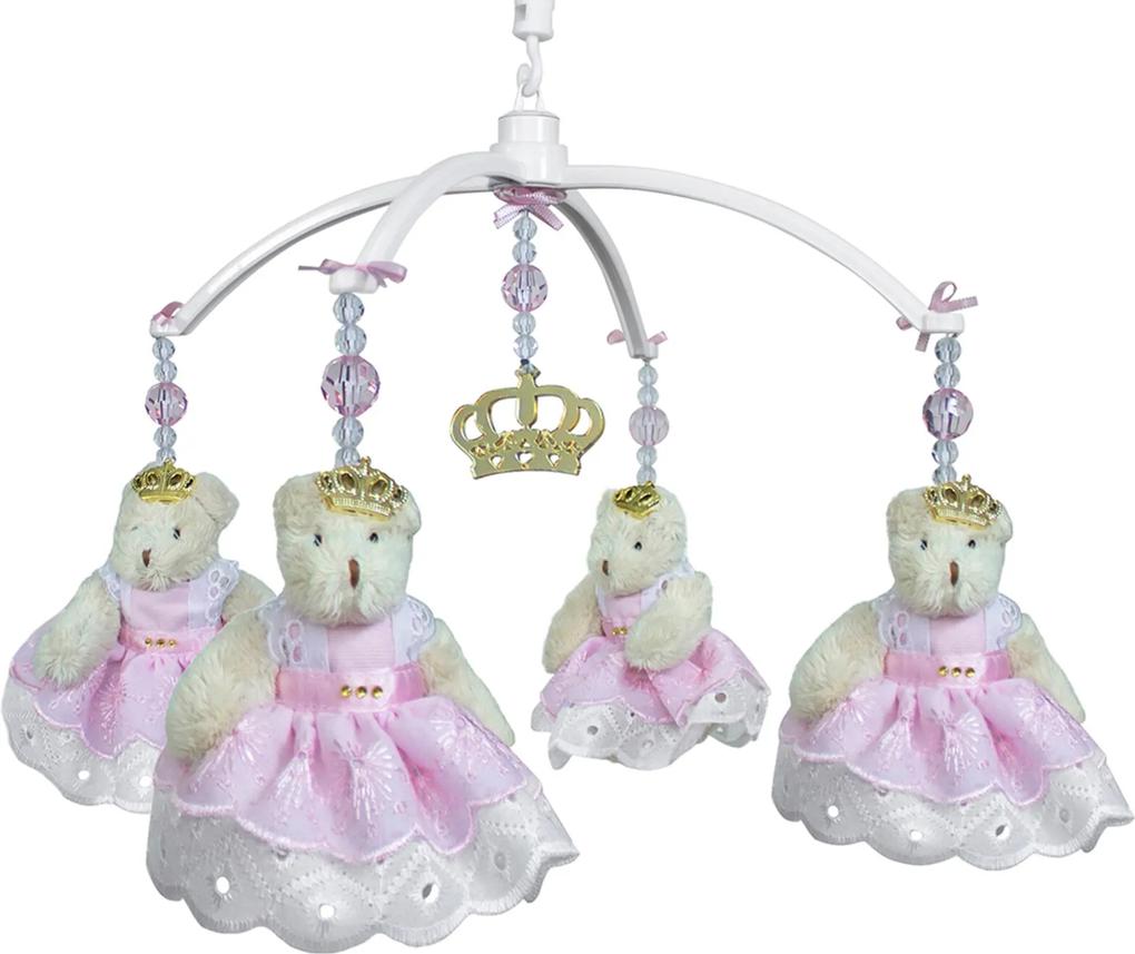 Móbile Musical Ursa Princesa Rosa e Coroa Dourada Quarto Bebê Infantil Menina Potinho de Mel