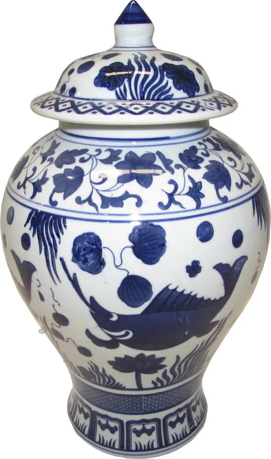Potiche Decorativo em Porcelana Oriental Azul e Branco