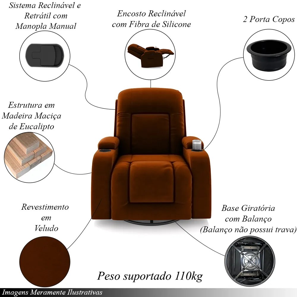 Poltrona do Papai Reclinável Giratória e Balanço Sala de Cinema Crihs Manual Glider Veludo Terracota G23 - Gran Belo