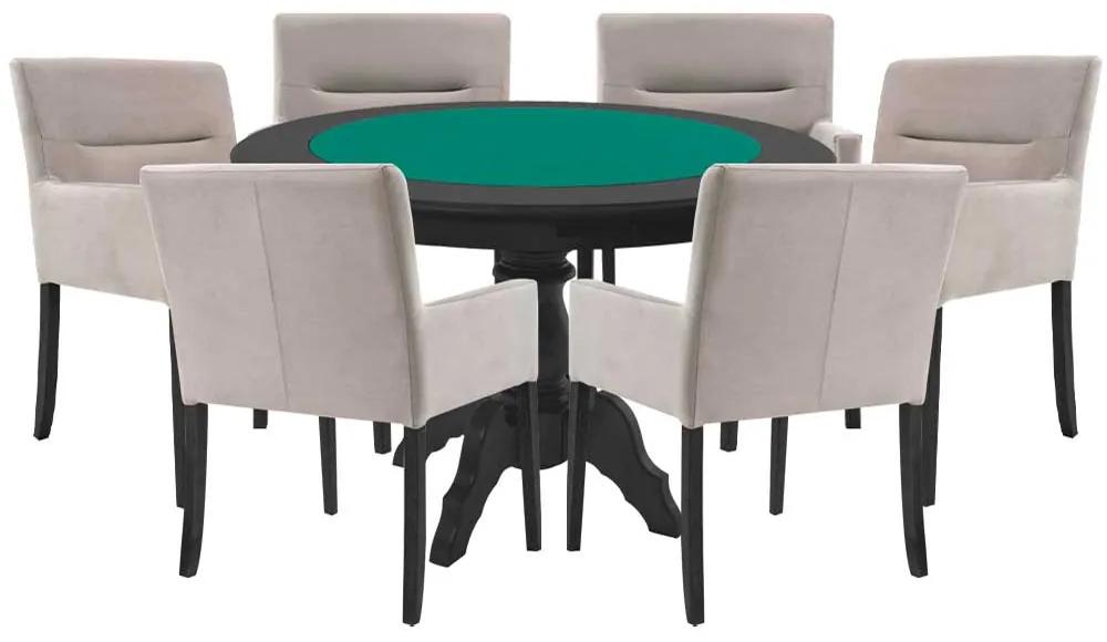 Mesa de Jogos Carteado Redonda Montreal Tampo Reversível Preto com 6 Cadeiras Vicenza Nude G36 G15 - Gran Belo