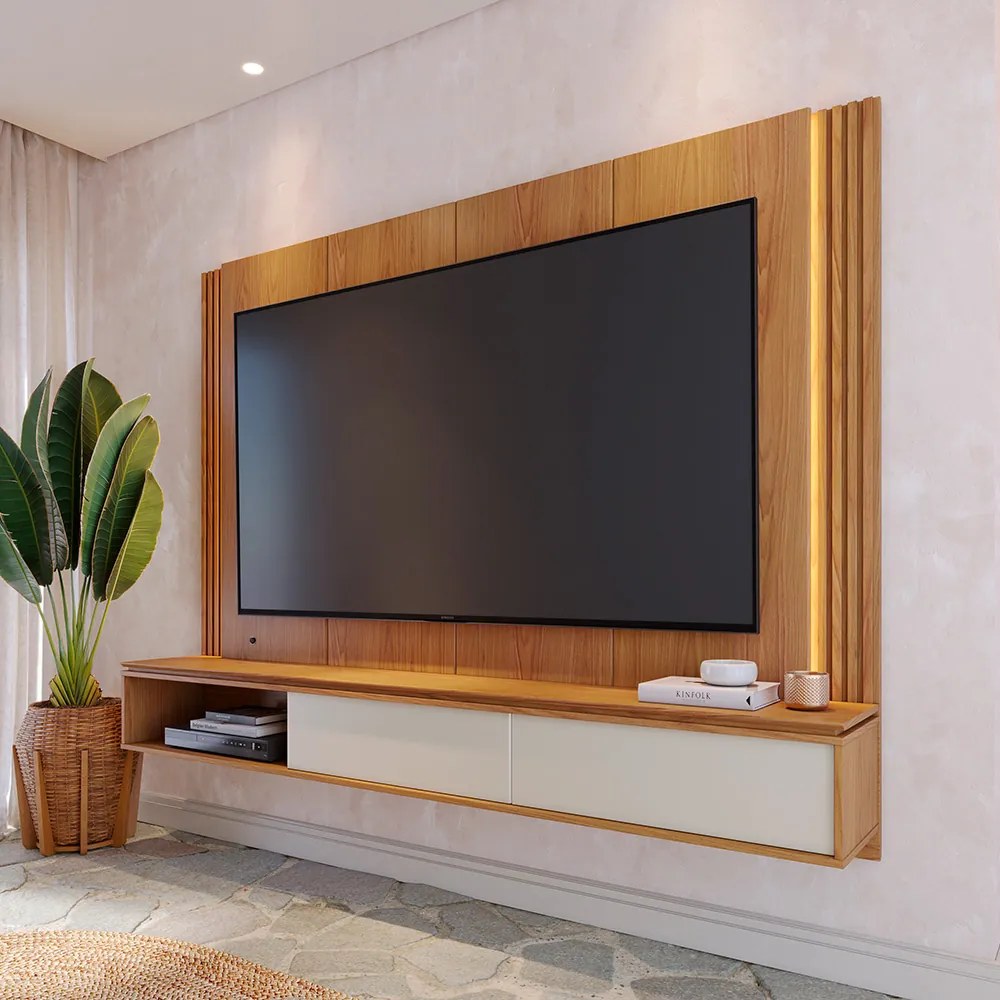Painel TV 75 Pol 180cm Bancada Suspensa Ripado Led Duda C04 - D'Rossi - Freijó e Off White Matte