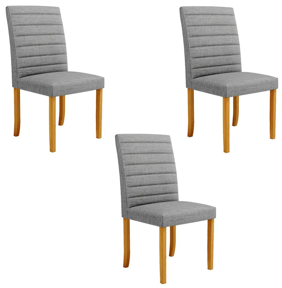 Kit 3 Cadeiras de Sala de Jantar Estofadas Veiga Madeira Maciça Linho Cinza G78 - Gran Belo