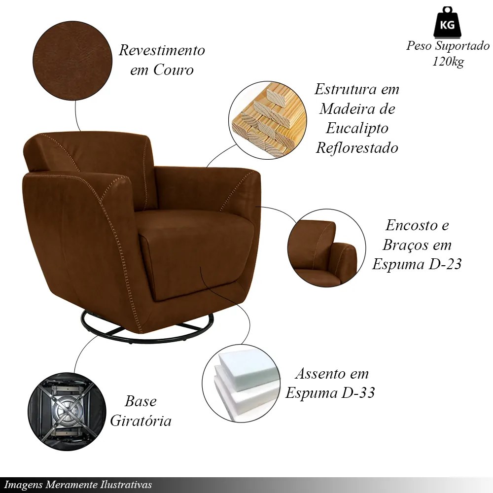 Kit 2 Poltronas Decorativas Valentina Sala de Estar Giratória Couro Marrom Chocolate Manchado G40 - Gran Belo