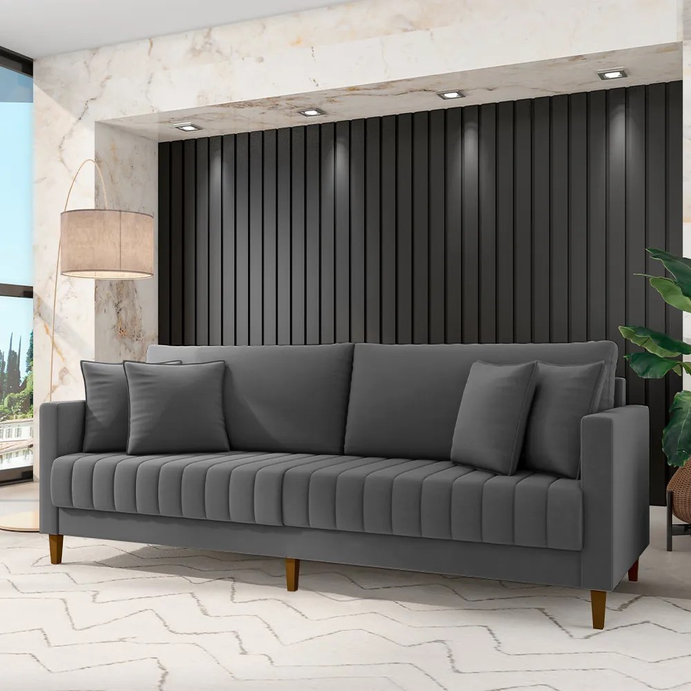 Sofá Living Decorativo Hamburgo 2 Lugares 156cm com Almofadas Pés em Madeira Veludo Grafite G33 - Gran Belo