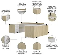 Conjunto Escritório Home Office 3 Peças Mesa em U Corp A06 Carvalho/Br