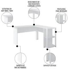 Mesa Escrivaninha em L Malu e Estante Livreiro 90x187cm Lean A06 Branc