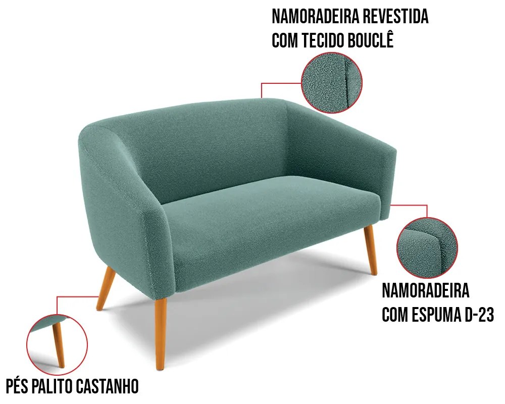 Namoradeira e 2 Poltronas Pé Palito Castanho Stella Bouclê D03 - D'Rossi - Verde Menta