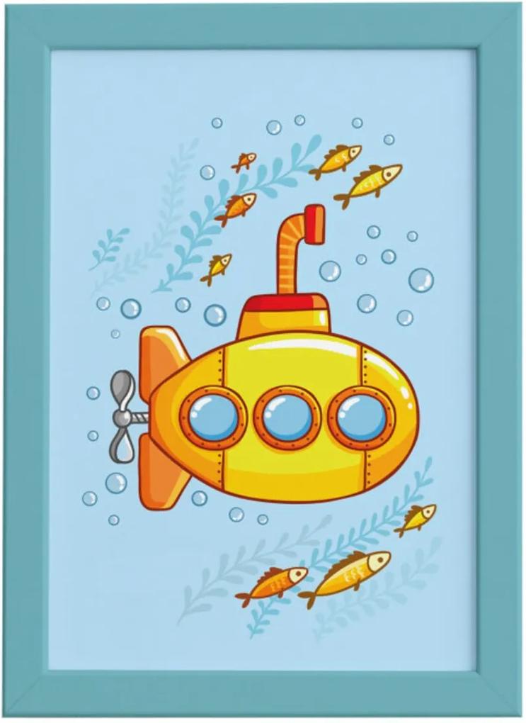 Quadro Infantil Submarino Amarelo Moldura Azul 22x32cm