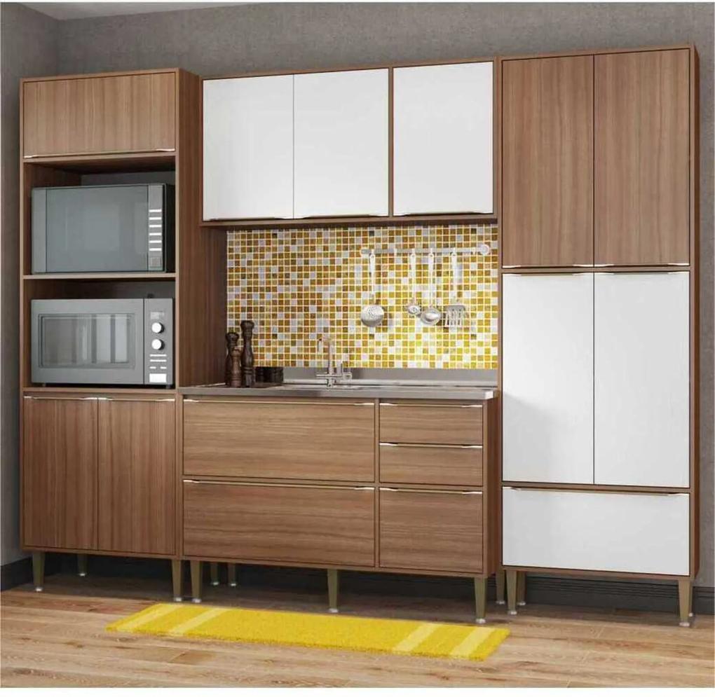 Cozinha Compacta Multimóveis com 4 peças Calábria 5452 Nogueira/Branco Marrom