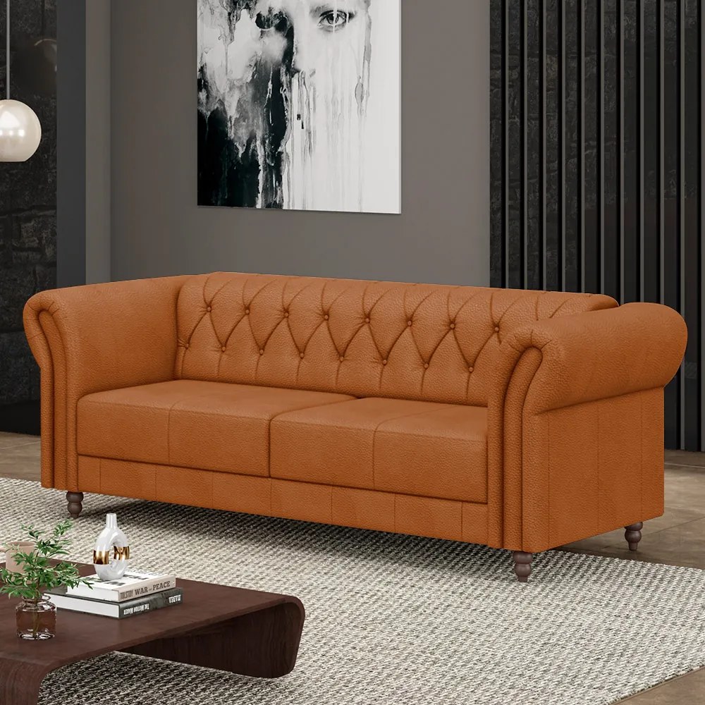 Sofá Living Sala de Estar Stanford Chesterfield 2 Lugares 180cm Pés de Madeira Couro Terracota G58 - Gran Belo