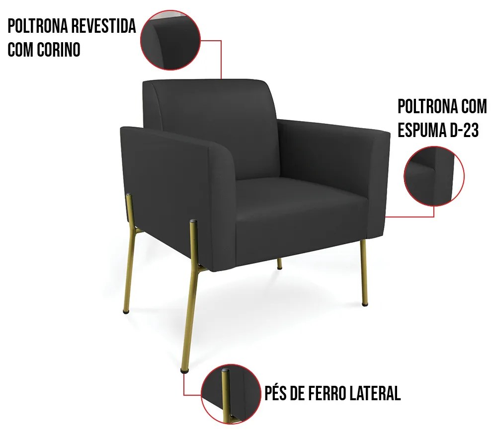 Poltrona Pé de Ferro Dourado Kit 2 para Sala Marisa Corino D03 - D'Rossi - Preto