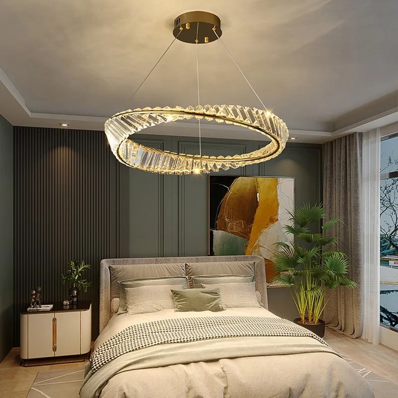 Lustre Pendente Cristal moderno led lustre de controle remoto pingente lâmpada para sala estar jantar cozinha quarto design ouro pendurado luz - 1 Ring D*60cm - Branco fria