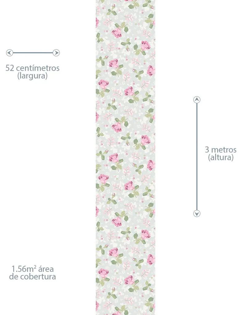 Papel de Parede Floral Rosa e Verde 0.50m x 3.00m