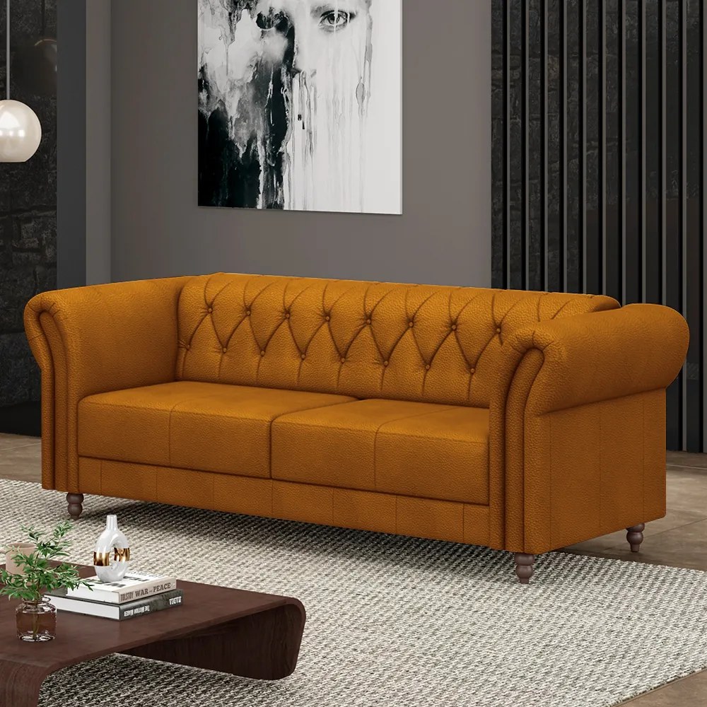 Sofá Living Sala de Estar Stanford Chesterfield 2 Lugares 180cm Pés de Madeira Couro Mel G58 - Gran Belo