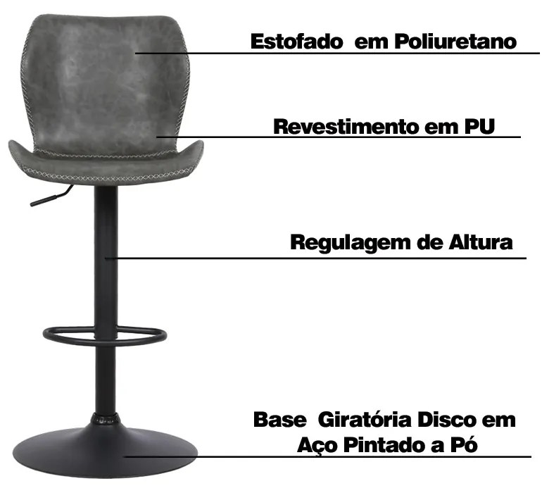 Banqueta Base Aço Giratória Naboo Com Regulagem de Altura PU Cinza Chumbo G56 - Gran Belo
