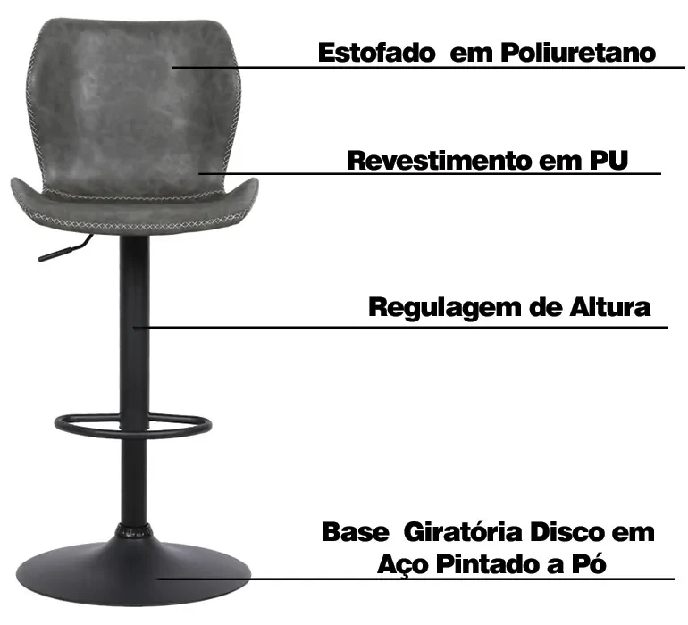 Banqueta Base Aço Giratória Naboo Com Regulagem de Altura PU Cinza Chumbo G56 - Gran Belo