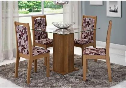 Mesa Para Sala de Jantar Sophia com 4 Cadeiras Lívia Savana/Floral Bordô - Cimol Móveis