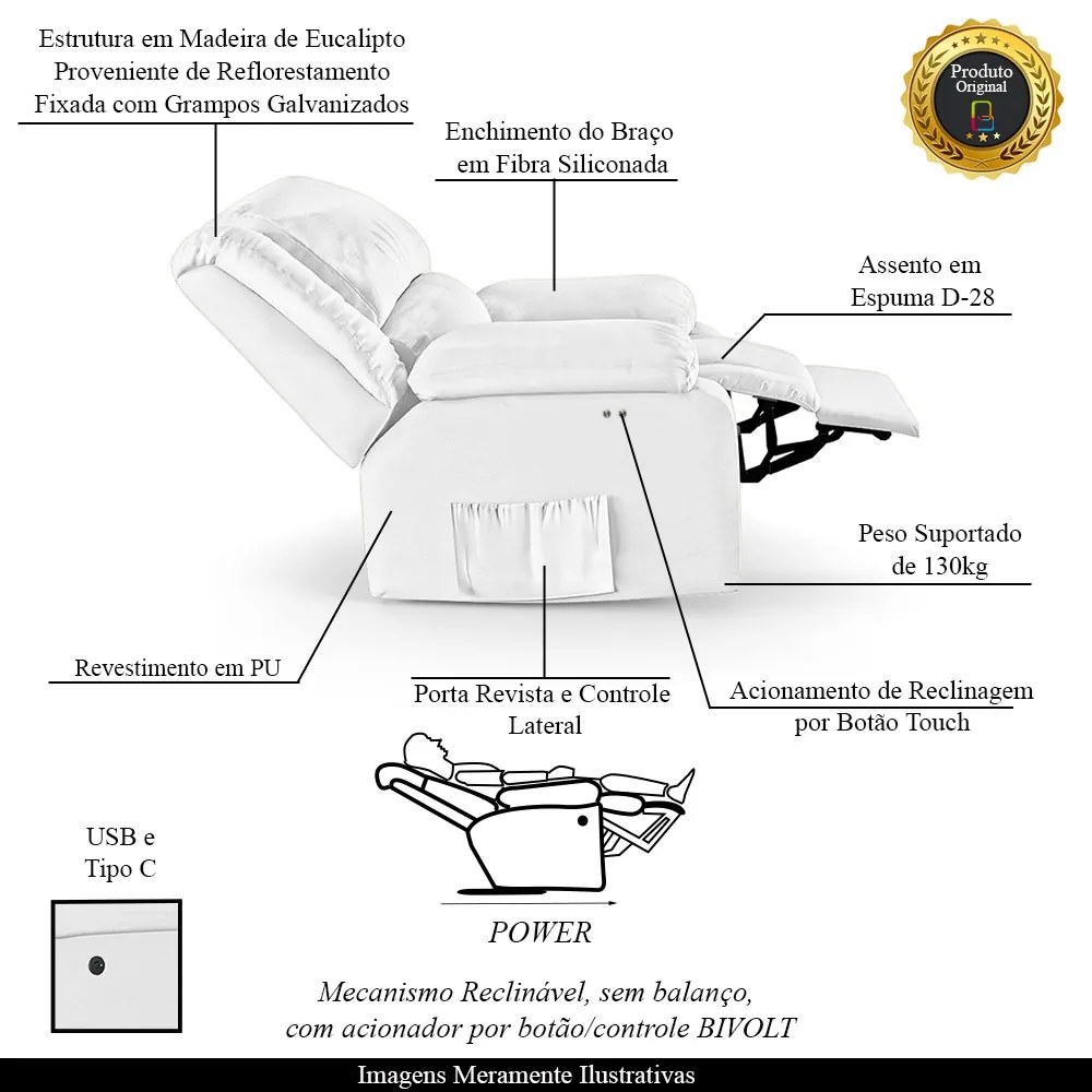 Poltrona do Papai Reclinável Melim Power Touch USB Sintético PU F FH1 - D'Rossi - Branco