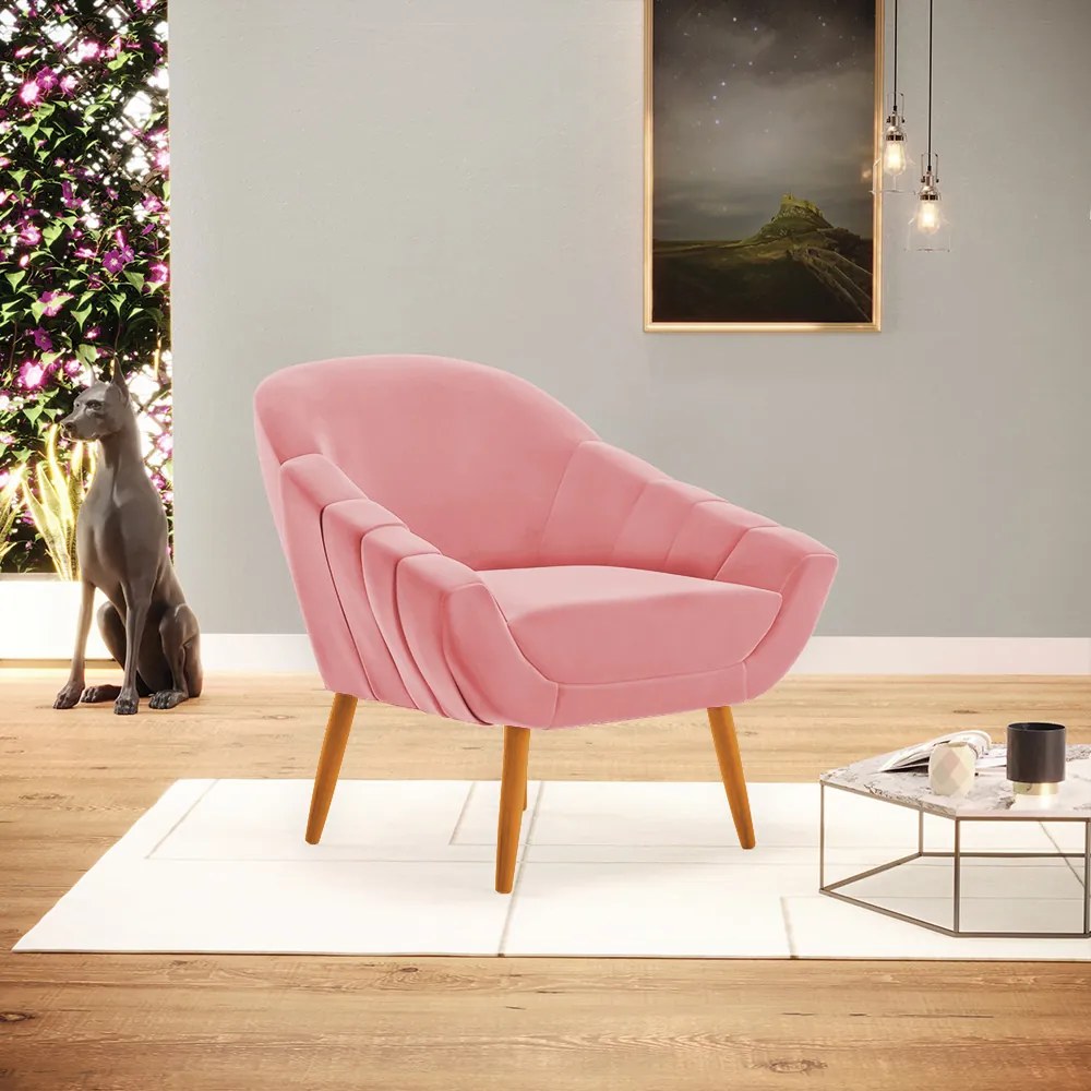 Poltrona Giovana Suede Rosê Pés Palito Castanho - Indo Decorar