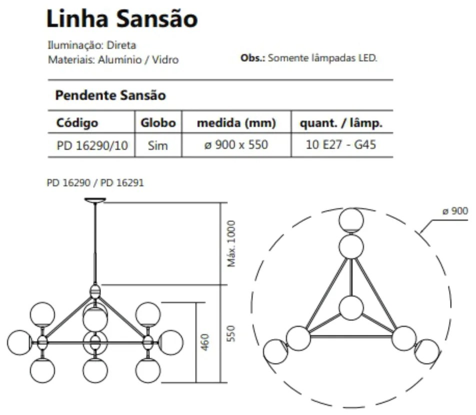 Pendente Sansão Ø90X55X155 C/ 10 Globos 10Xe27 G45 / Metal E Globo Ø14... (CP-M - Champagne Metálico, FOSCO)