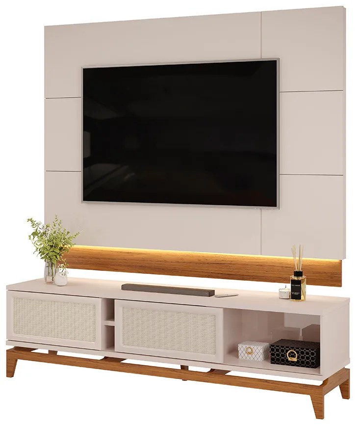 Painel com Bancada Sala de Estar 183cm Esfinge para TV até 65 Led Portas com Tela Off White/Freijó G18 - Gran Belo