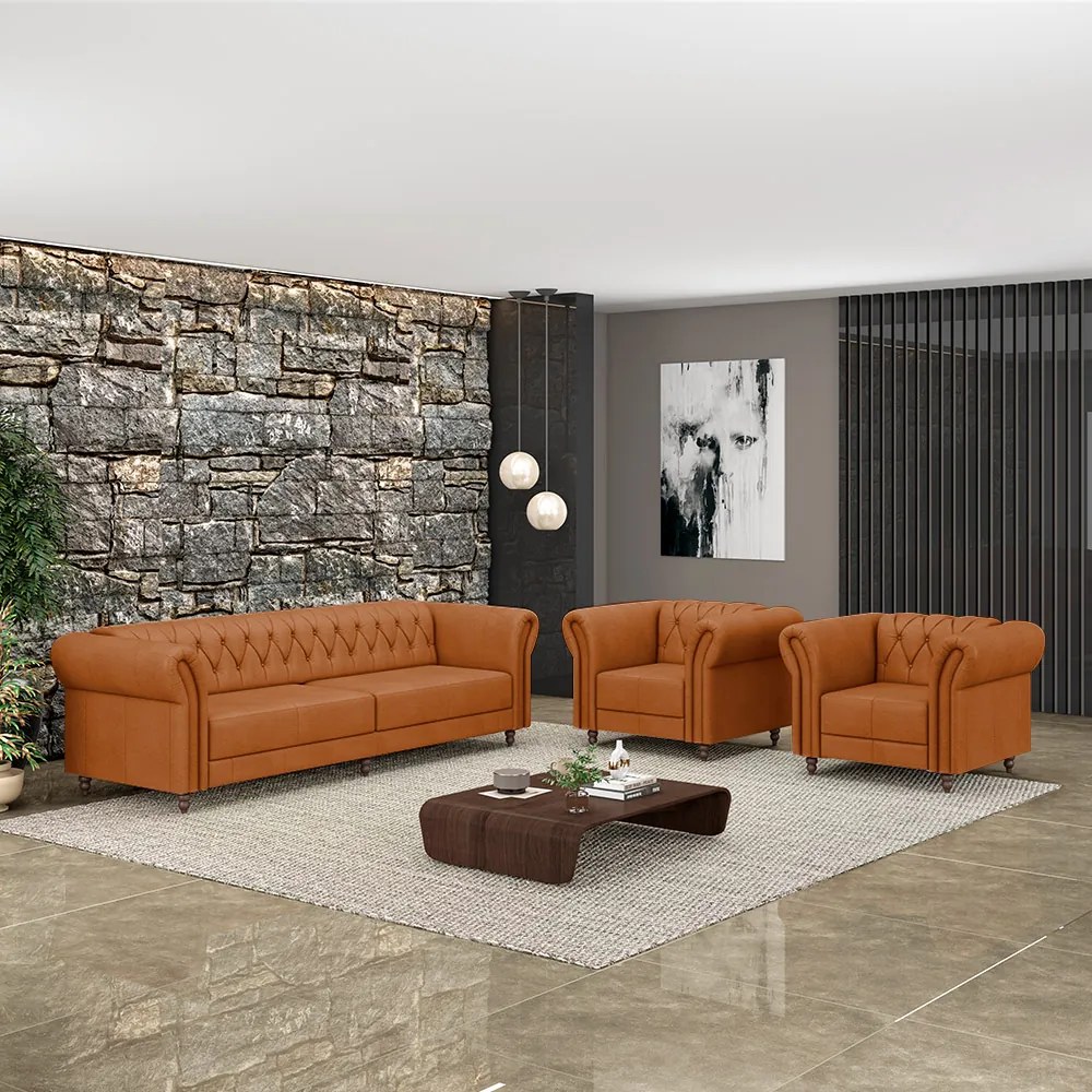 Conjunto Sala de Estar 1 Sofá Living 260cm e 2 Poltronas Stanford Chesterfield Pés Madeira Couro Terracota G58 - Gran Belo