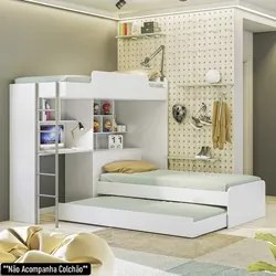 Beliche Solteiro com Cama Auxiliar e Office Concept S01 Branco - Mpoze