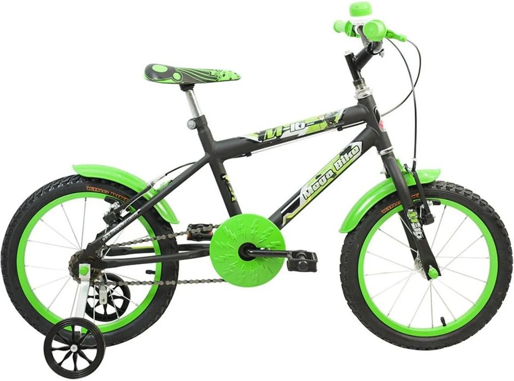 Bicicleta Infantil Aro 16 Quadro em Aço M-16 com Rodinhas Preto Verde - Mega Bike