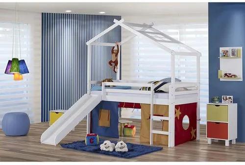 Cama Infantil com Escorregador, Telhado V e Tenda Multicores - Madeira Maciça - Laca Branco
