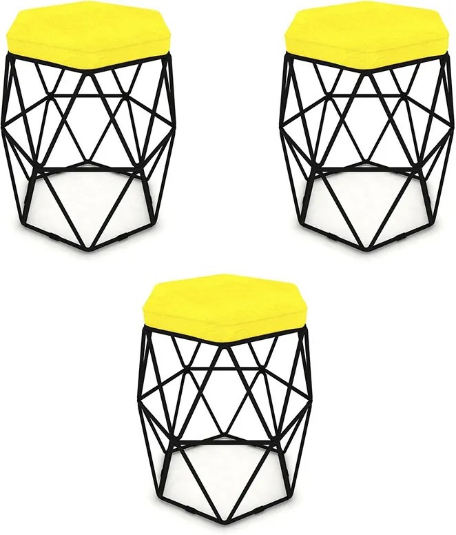 Kit 3 Puffs Aramado Hexagonal Base de Ferro Preta Suede Amarelo - Sheep Estofados - Amarelo