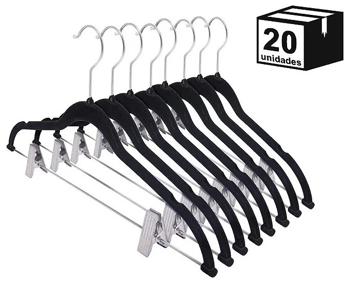 Kit 20 Cabides de Veludo Preto Antideslizante com Presilha