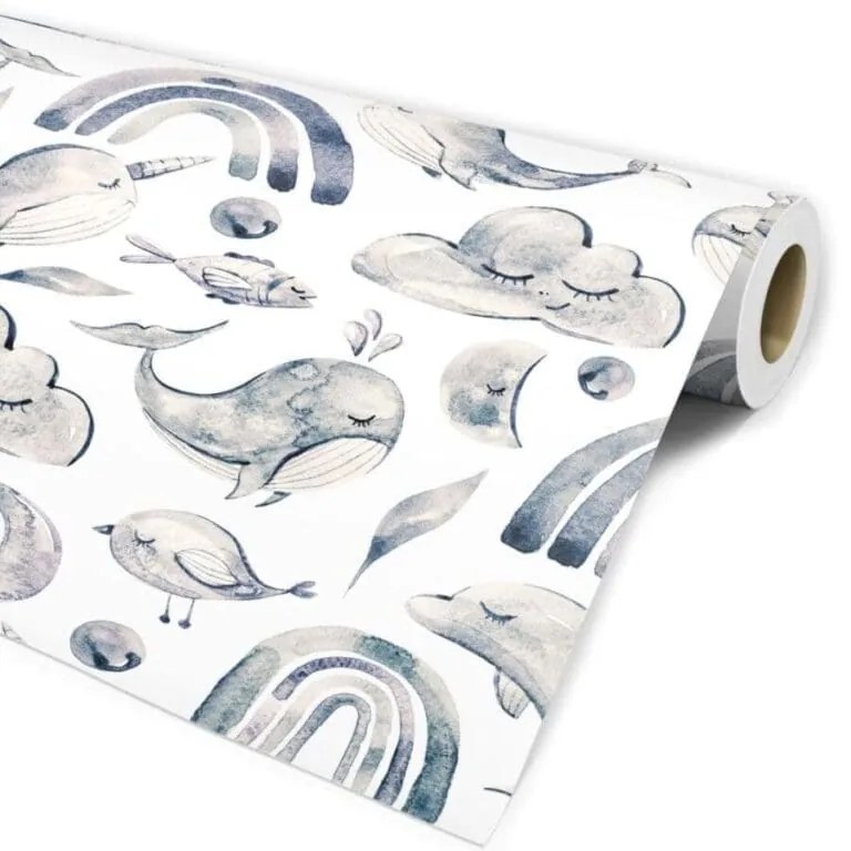 Papel Infantil Boho Autocolante Animais Natureza Branco Com Azul