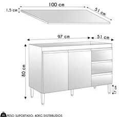 Balcão de Cozinha Com Tampo 100cm 3 Gavetas Andréia Amêndoa/Preto - AJ