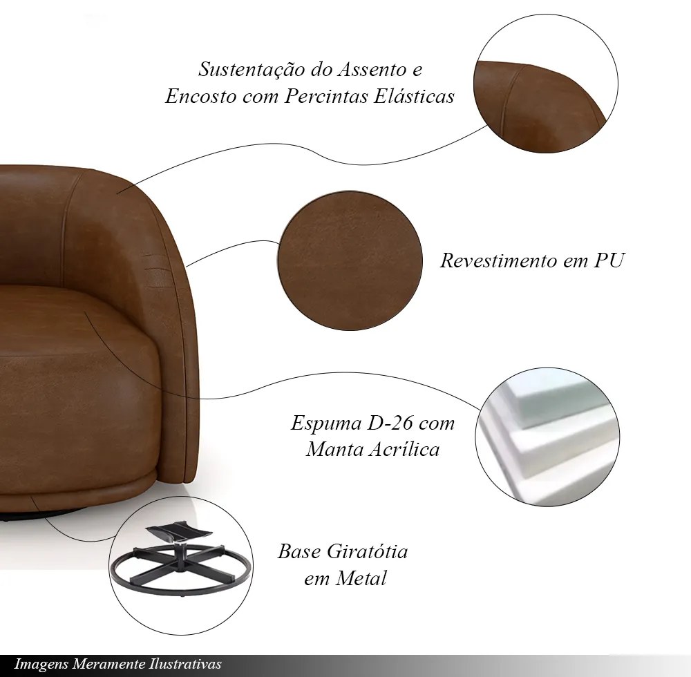 Kit 2 Poltronas Decorativas Jenny Base Giratória em Metal Preto PU Marrom G45 - Gran Belo