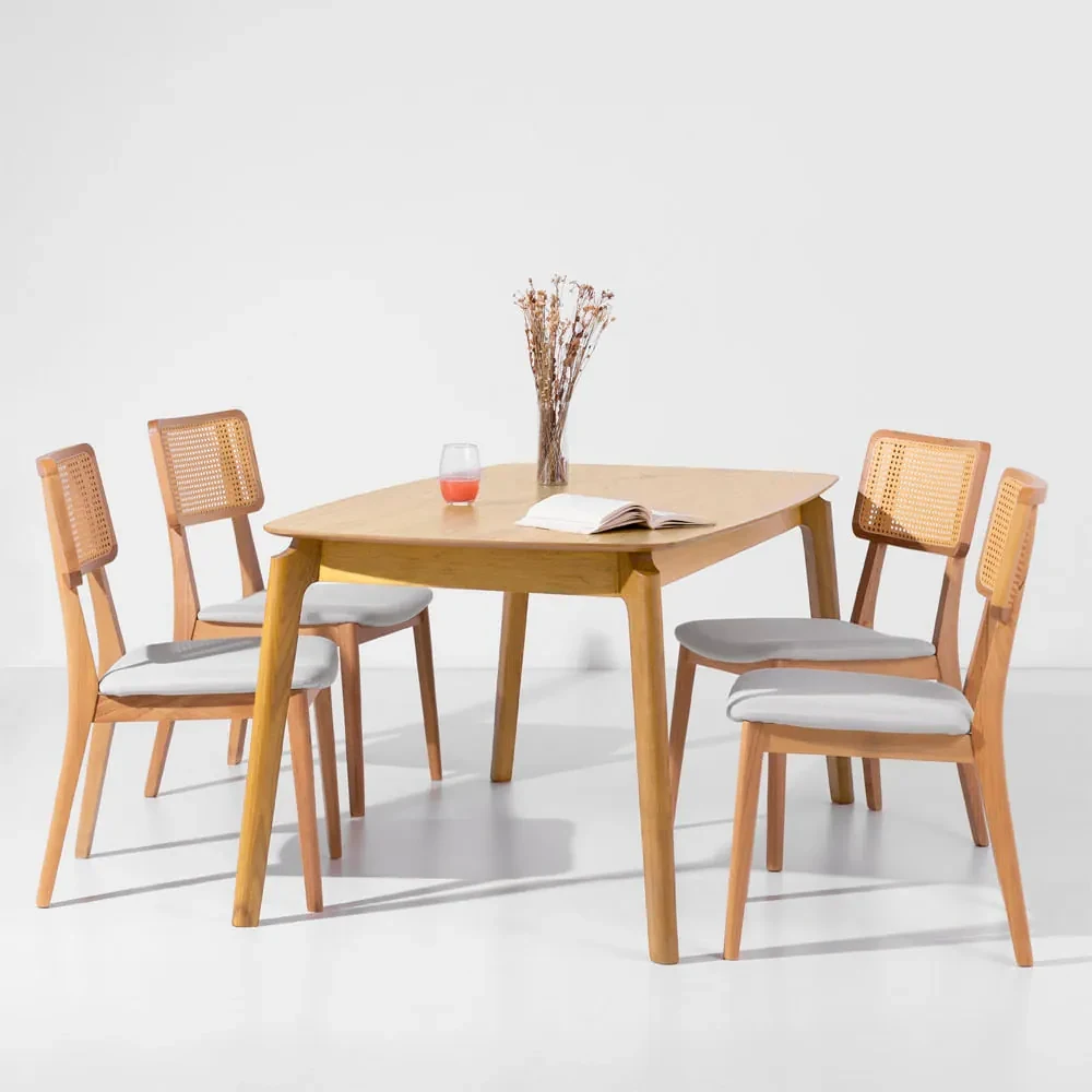 Conjunto Mesa de Jantar Lalá Carvalho Americano 1,80x1m + 4 Cadeiras Dadi  Cinza, jogo de cadeiras de jantar 