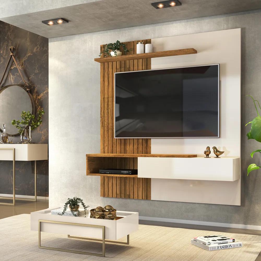 Painel Tv Home Suspenso Tele Creme Tronco Ripado para TVs até 65" Dj Móveis