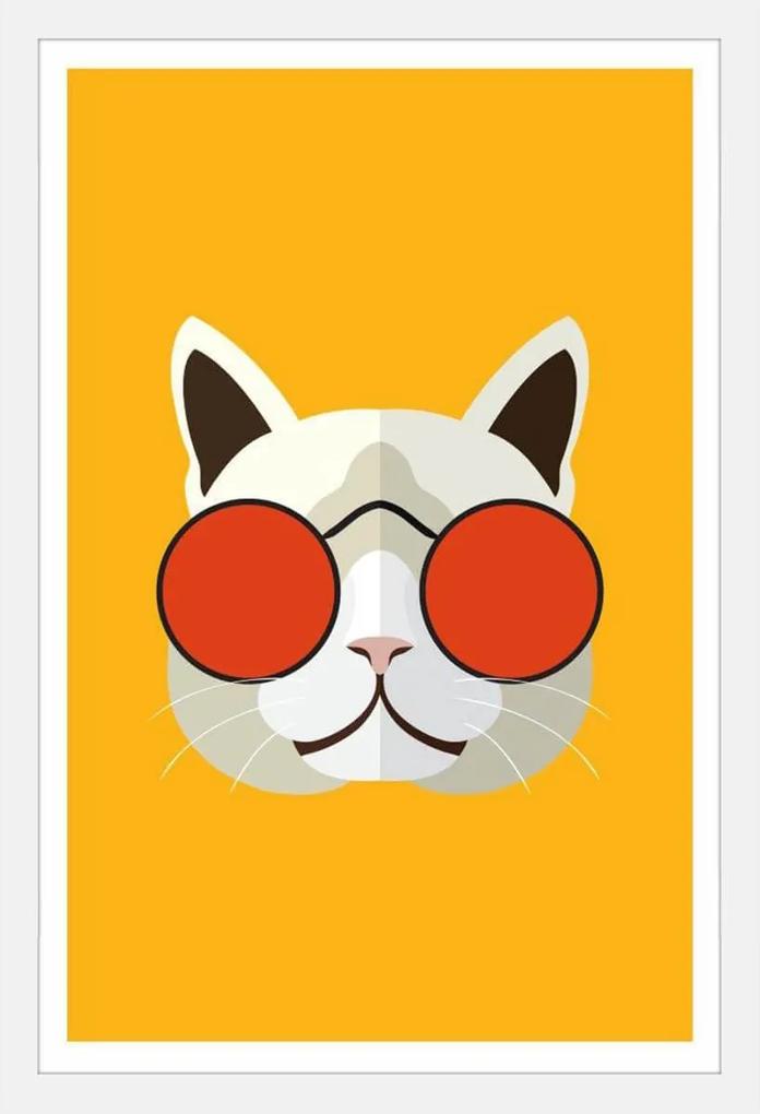 Quadro Com Gato De óculos Vermelho Em Fundo Amarelo Com Moldura Branca 40x60cm