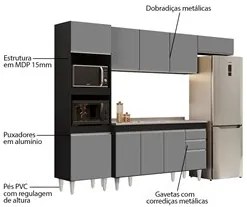 Armário de Cozinha Modulada 4 Peças CP12 Balcão com Pia Inox Preto/Cin