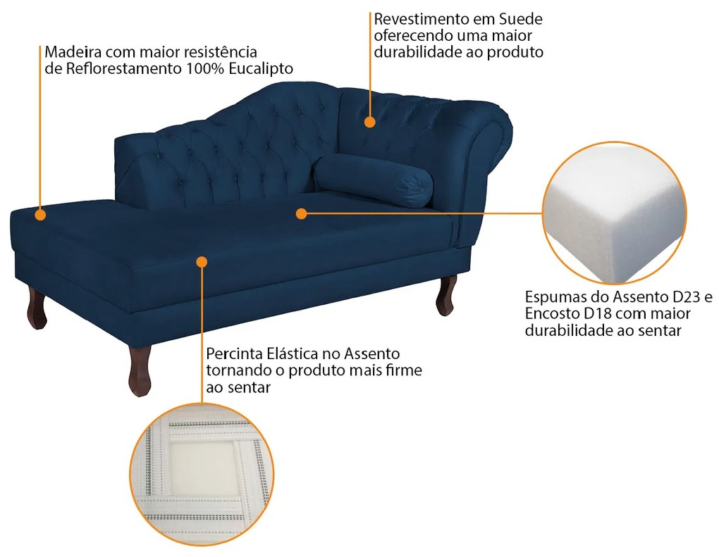 Recamier Diana 185cm Lado Esquerdo Suede Azul Marinho - ADJ Decor