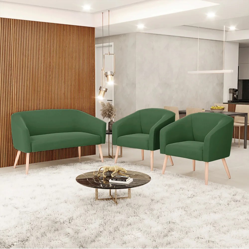 Namoradeira e 2 Poltronas Pé Palito Natural Stella Suede Verde D03 - D'Rossi