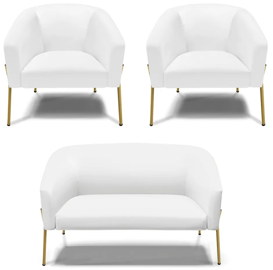 Namoradeira e 2 Poltronas Pé de Ferro Dourado Stella Sintético D03 - D'Rossi - Branco