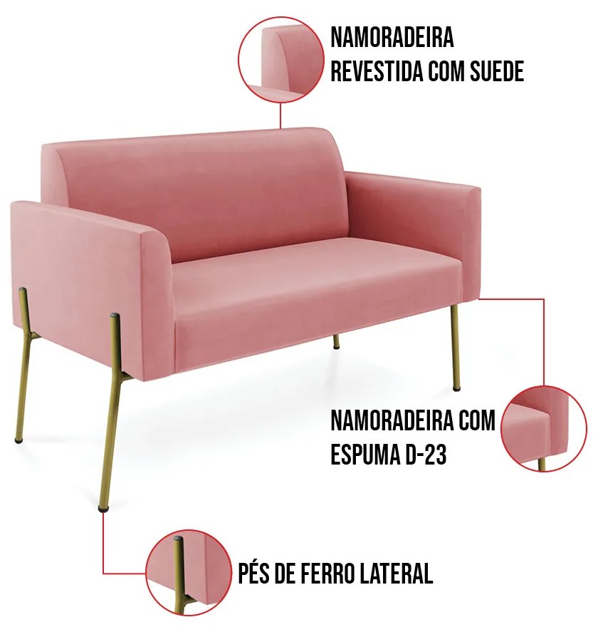 Sofá Namoradeira e Poltrona Pé de Ferro Dourado Marisa Suede D03 - D'Rossi - Rose