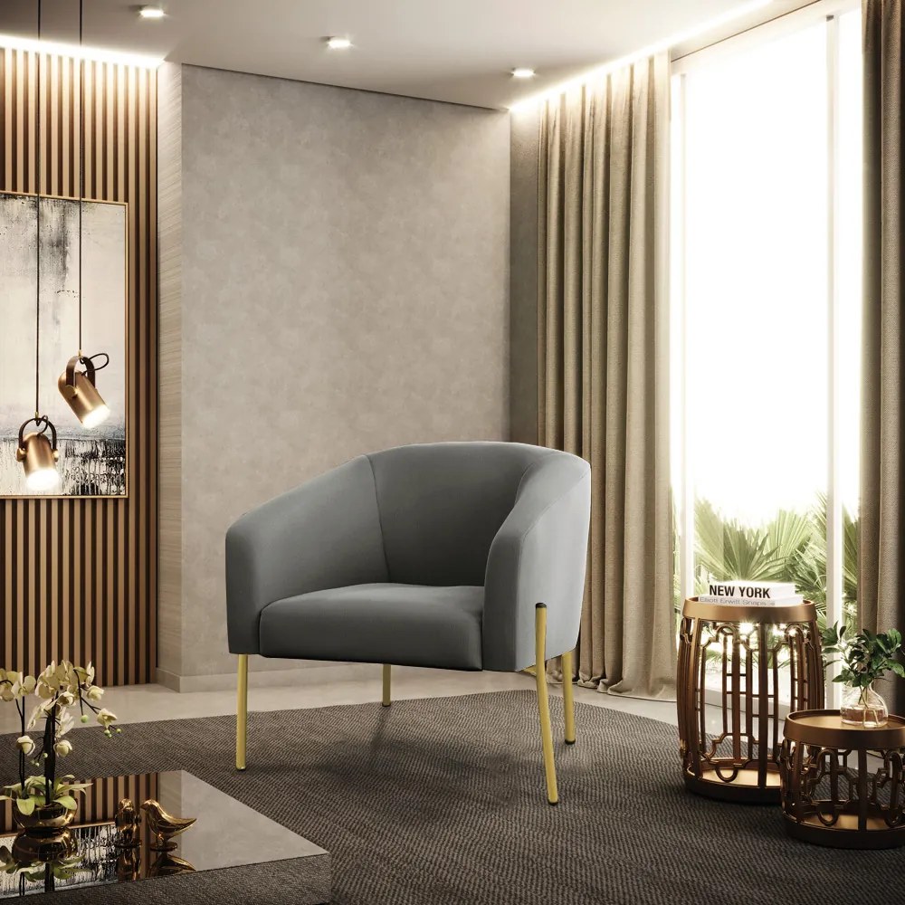 Poltrona Decorativa Pé de Ferro Dourado Kit 2 Stella Suede Grafite D03 - D'Rossi