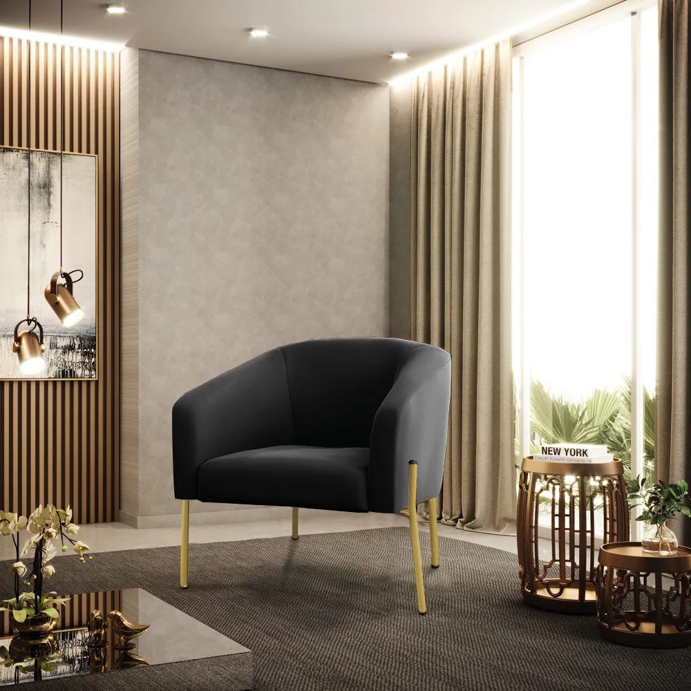 Poltrona Decorativa Pé de Ferro Dourado Kit 2 Stella Suede D03 - D'Rossi - Preto