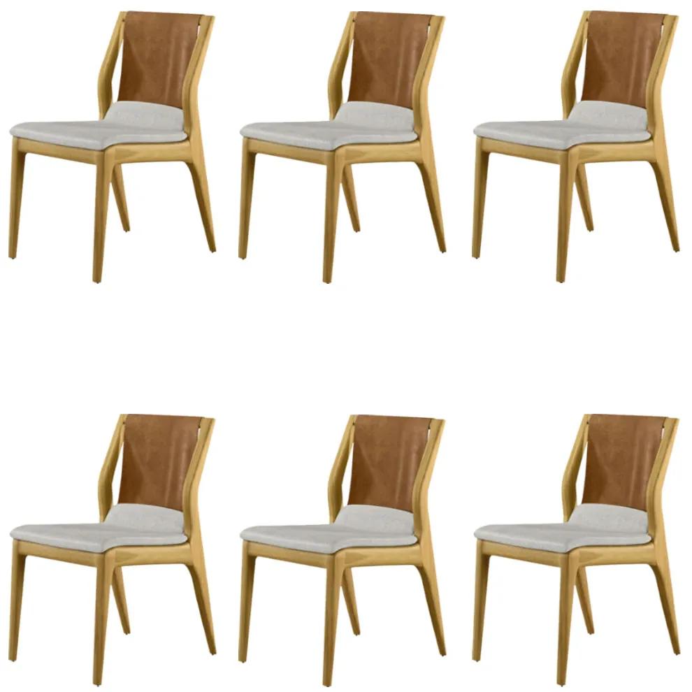 Kit 6 Cadeiras Decorativas Sala de Jantar Madeira Maciça Bruyne PU Sintético/Linho Marrom/Bege G13 - Gran Belo
