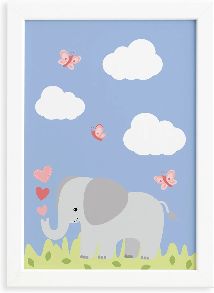 Quadro Safari Menina Elefante Moldura Branca 22x32cm