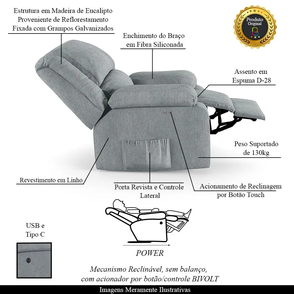 Poltrona do Papai Reclinável Melim Power Touch USB Linho FH1 - D'Rossi - Cinza