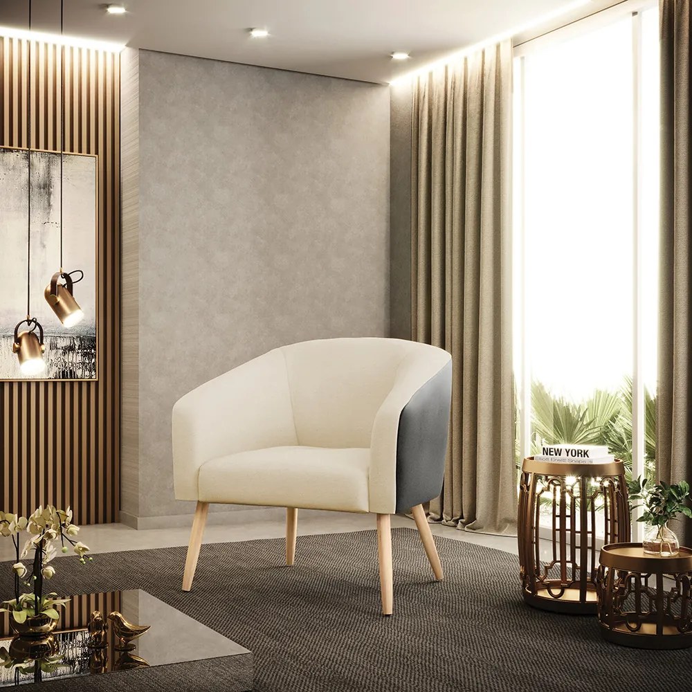 Poltrona Decorativa Pé Palito Natural Stella Preto/Linho Areia D03 - D'Rossi