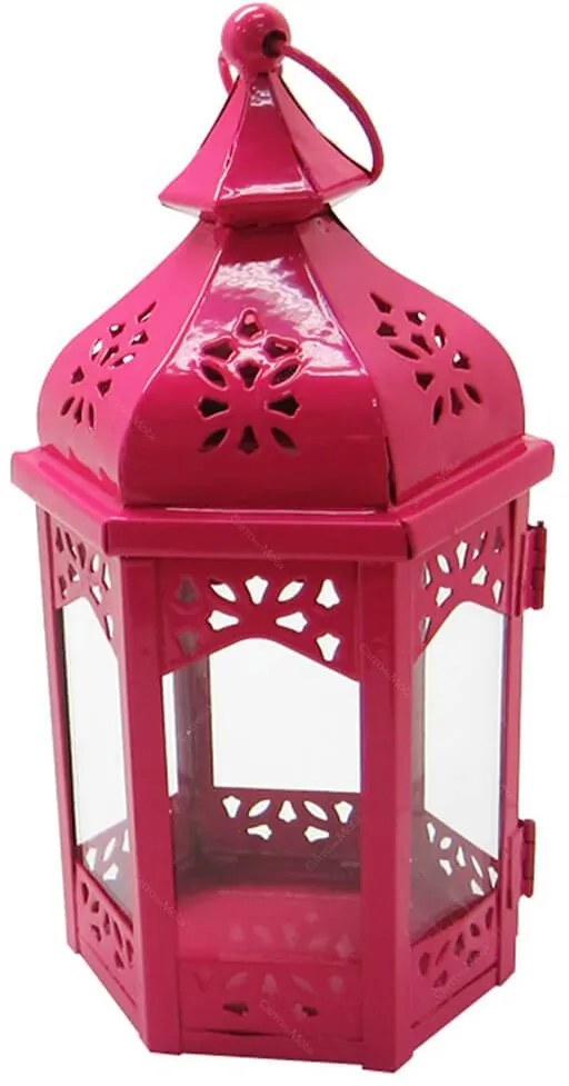 Lanterna Grande Marroquina Hexagonal Rosa em Metal e Vidro - Urban