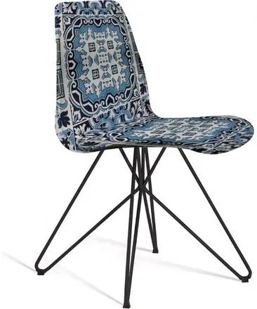 Cadeira Estofada Eames com Pés de Aço Preto - Azul/Branco